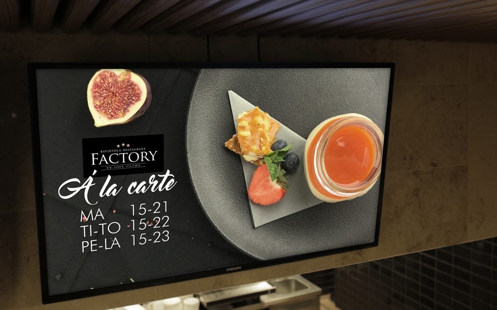 Mainosnäytöt ravintolassa on helppo tapa esittää vaihtuvat lounaslistat