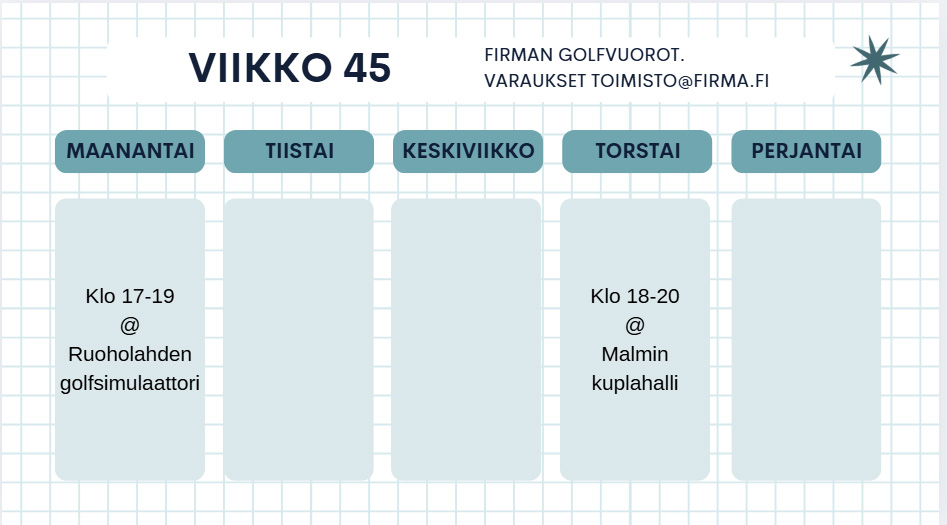 Canvassa luotu golfvuorojen aikataulu