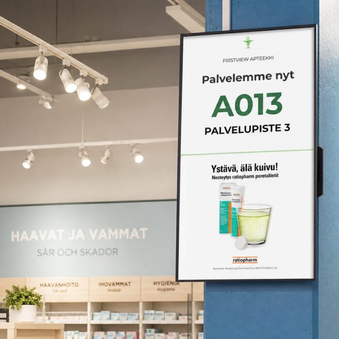Jononäyttö palvelutilassa, jossa näkyy vuoronumero ja kampanjasisältö samanaikaisesti.
