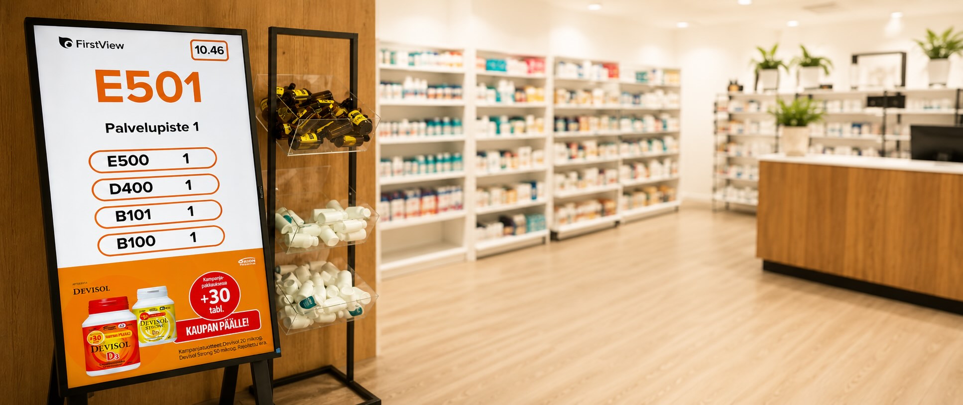 a smart queue management and digital signage display in service-counter store